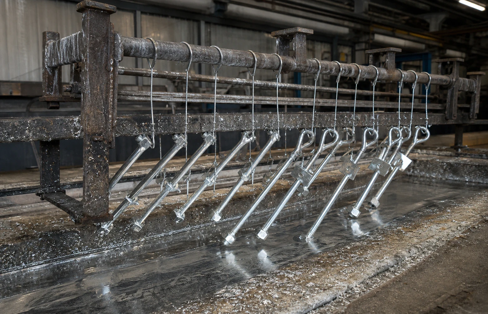 Piezas metálicas durante un proceso industrial de galvanizado en caliente