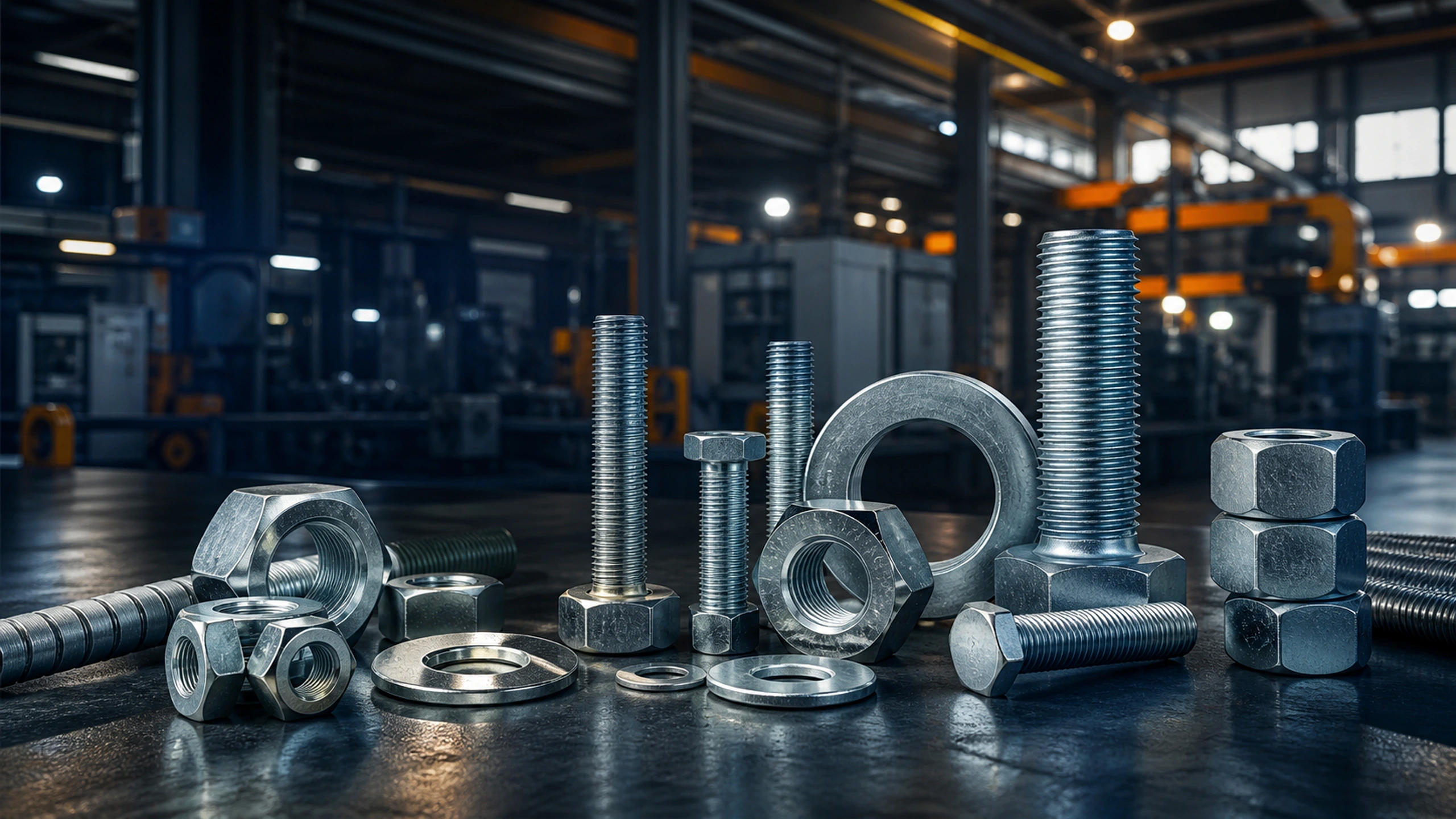 Pernos, tuercas y arandelas con recubrimientos metálicos en una planta industrial moderna