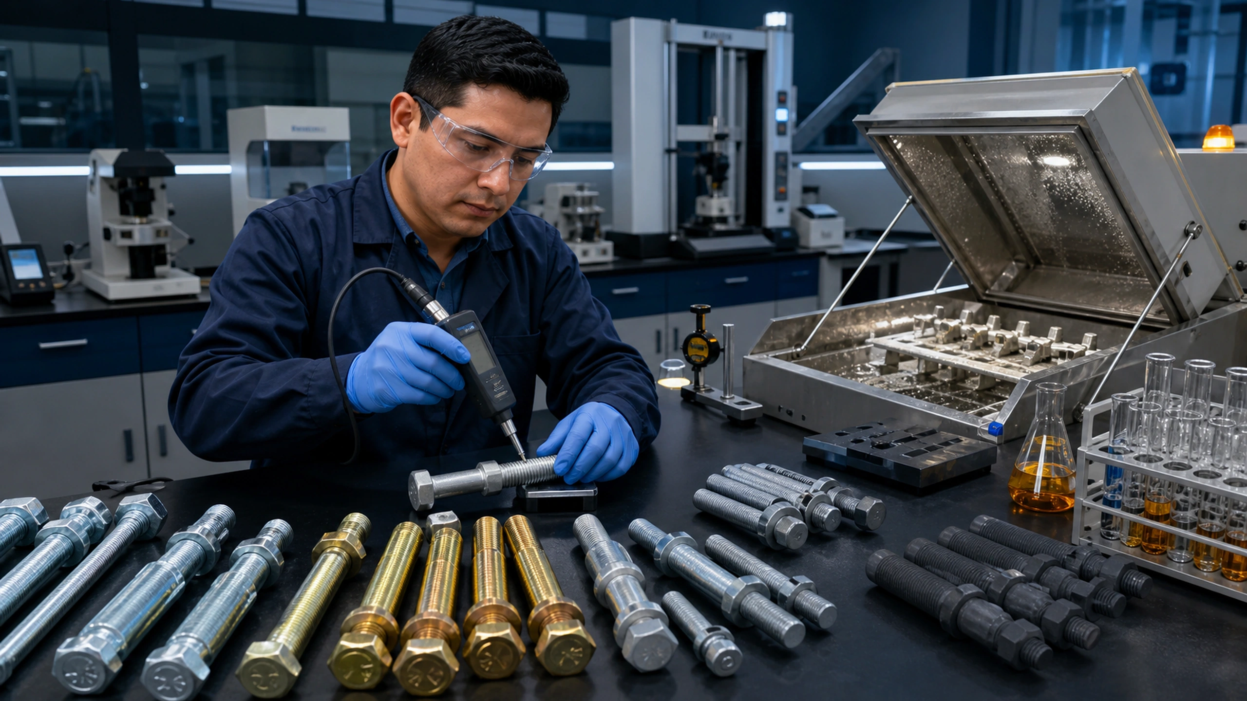 Técnico de laboratorio inspeccionando piezas metálicas recubiertas
